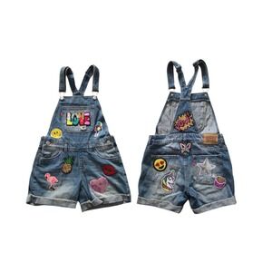 Denim Shortalls Big Girls Size 10 Blue 100% Cotton Patchwork Kids Jean Funky